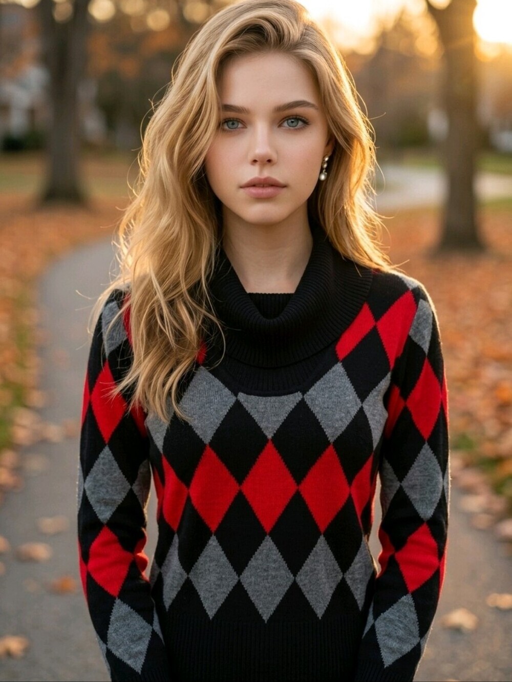 Thalian Black, Red & Gray Argyle Cowl Neck Sweater